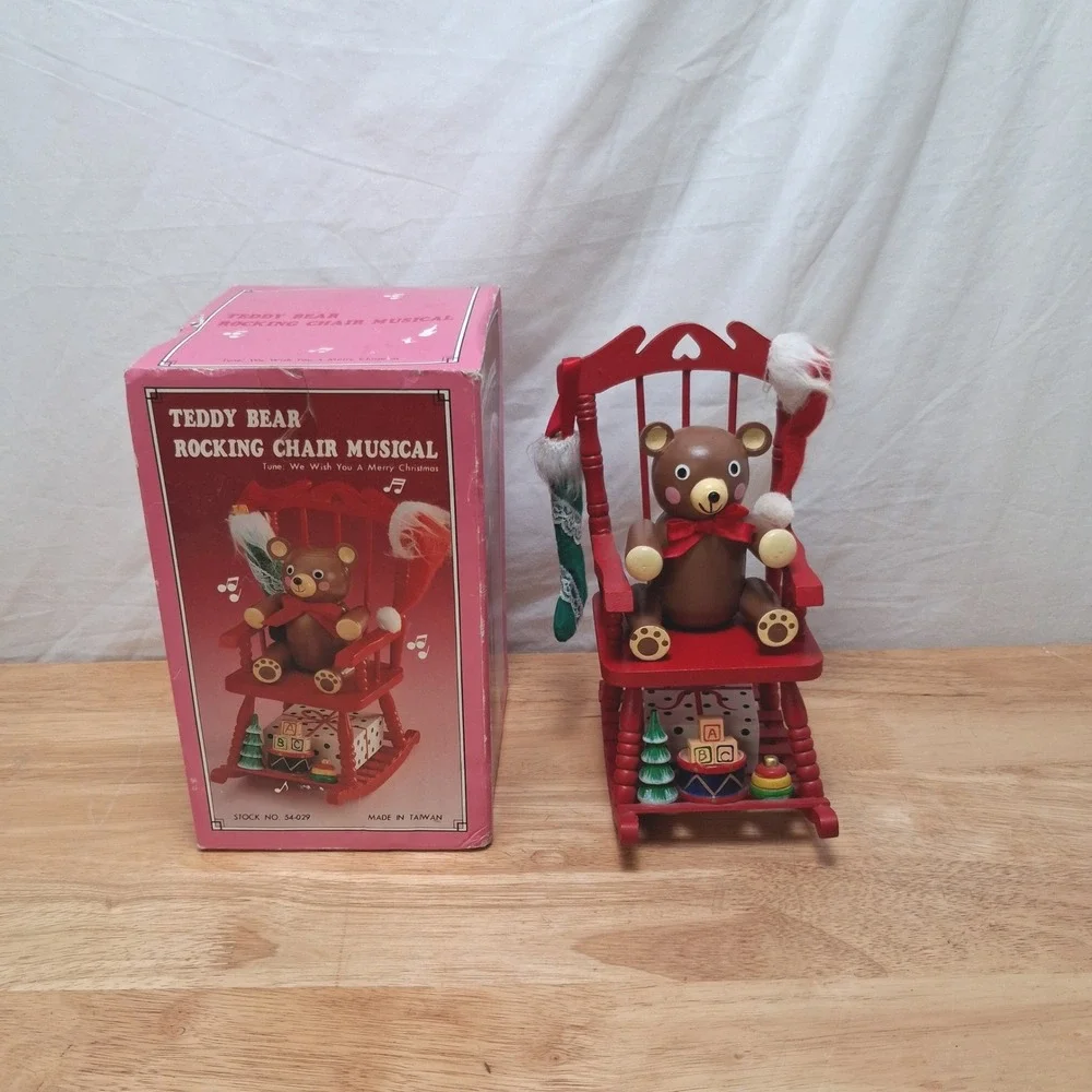 Vintage Teddy Bear Rocking Chair Musical Christmas Decor Red OS Good Pre-owned